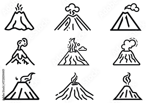 Various simple volcano line icons are erupting on a white background