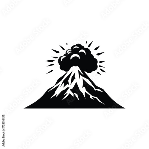Black volcano erupts with stylized smoky clouds on a white background in monochrome
