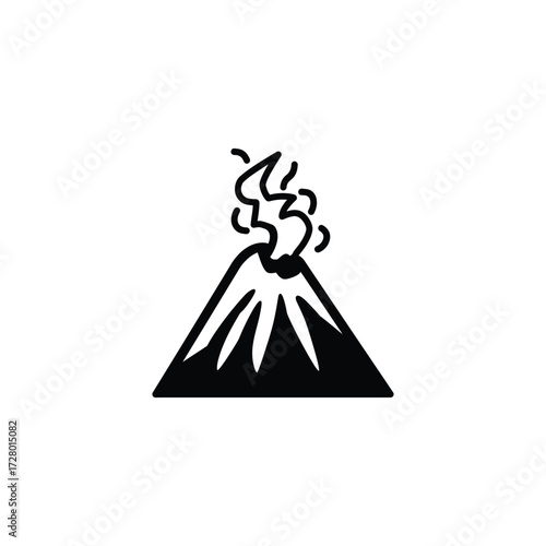 Simplified monochrome line illustration depicts erupting volcano with visible lava flow against white background