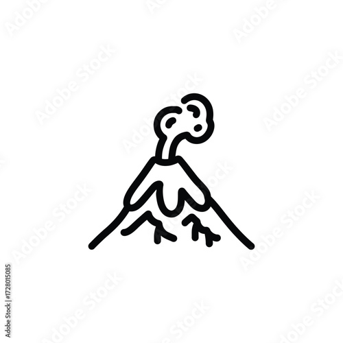 Simple cartoon black line art depicts an erupting volcano on white background