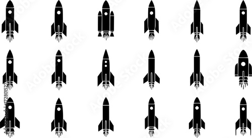 SPACE ROCKETS SILHOUETTE ON WHITE BACKGROUND
