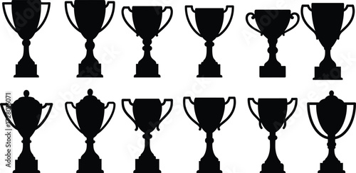 Trophy silhouette collection, award prize, championship victory, sports competition success, recognition reward, champion cup, honor achievement, excellence symbol, winner celebration, reward