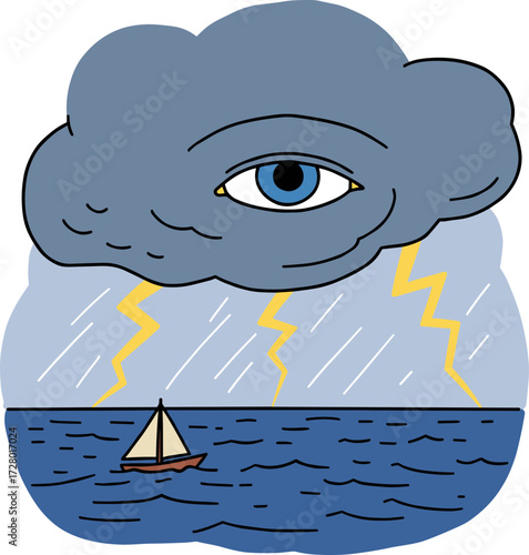 Sailboat on turbulent sea under stormy sky with an eye and lightning bolts, concept of flat hand-drawn style, transparent background, showcasing a dramatic weather scene  