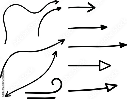 Hand-drawn arrows and curves in simple black outline style for graphic design  