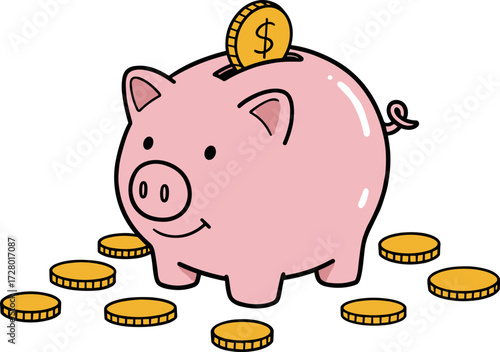 Cartoon piggy bank with dollar coin being inserted, flat hand-drawn style  