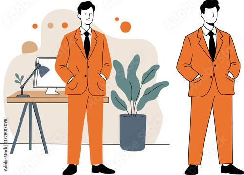 Man in orange suit standing confidently in modern office setting with plants