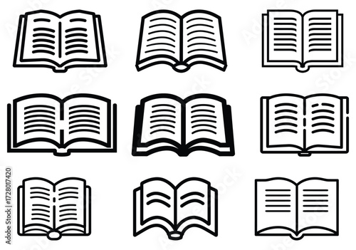 Several black line art open book icon variations are featured on a white background