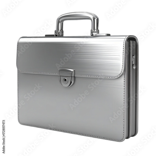 A metallic briefcase with a brushed finish, presented against a black backdrop, highlights its sleek design and professional aesthetic.