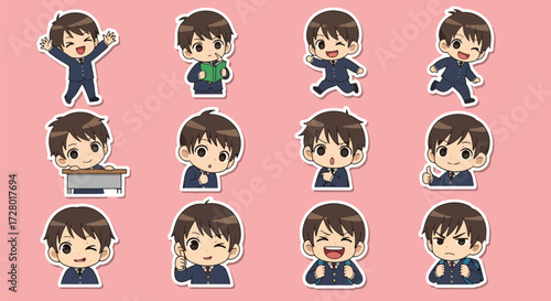 Adobe illustrator artwork vector illustration set of eight cute anime schoolboy character