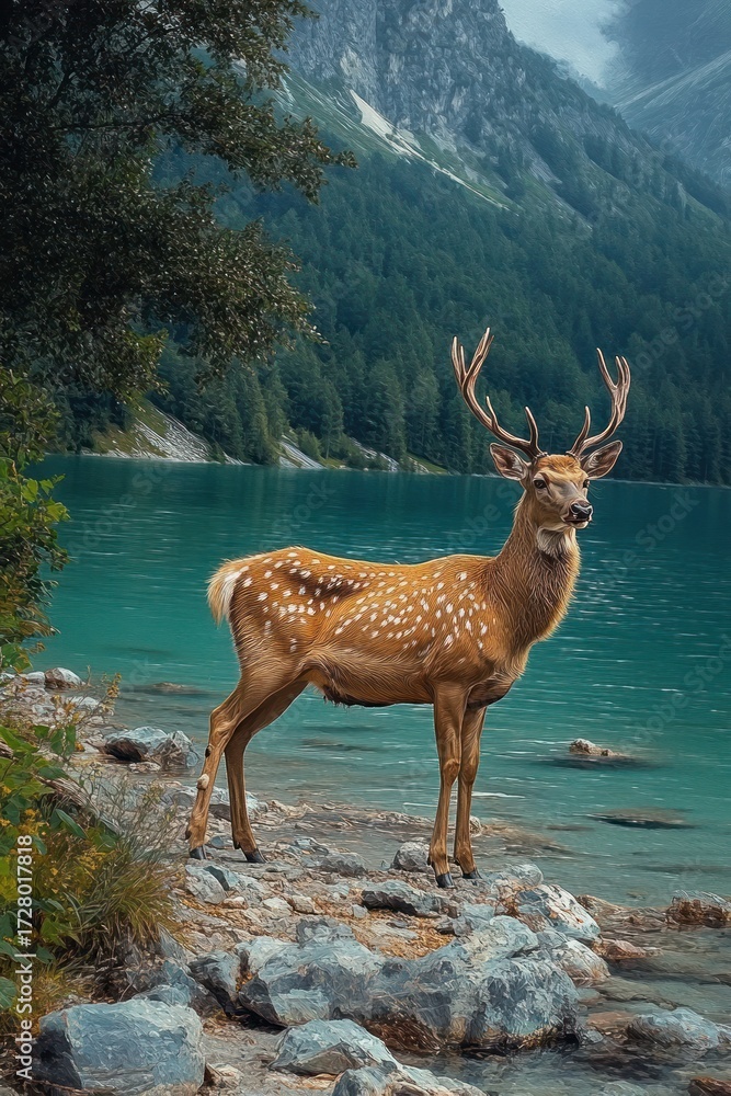 Fototapeta premium A majestic spotted deer with antlers standing on rocky shore by a turquoise lake surrounded by forested mountains under cloudy sky