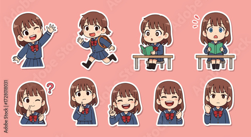 Adobe illustrator artwork vector illustration set of eight cute anime schoolgirl character