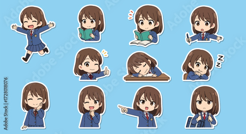 Adobe illustrator artwork vector illustration set of eight cute anime schoolgirl character