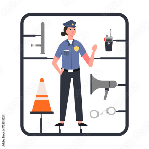 Flat Vector Illustration of a Police Officer Character Sprue and Bits Concept with Orange Cone Megaphone Handcuffs on Transparent Background