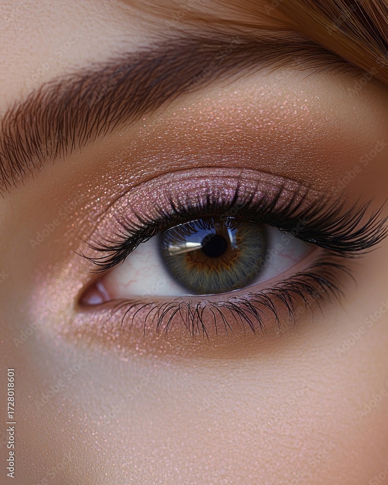 Obraz premium Close-up of a human eye with detailed eyelashes, shimmering light pink eyeshadow, and well-groomed eyebrow under soft lighting
