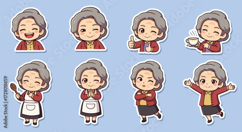 Adobe illustrator artwork vector illustration set of eight cute senior woman character.