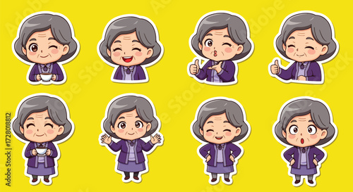 Adobe illustrator artwork vector illustration set of eight cute senior woman character.