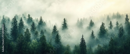 Dense evergreen forest covered in thick mist creating a mysterious and tranquil atmosphere with layers of tall pine trees fading into foggy background
