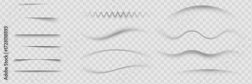 Various transparent shadows and straight linear to curved shapes on white background. Different intensity levels with depth and shading effects. Realistic