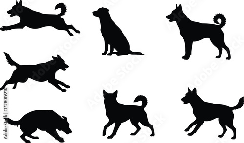 Dog silhouettes collection, sitting dog, running dog, jumping dog, playful pet, standing canine, black vector illustration, domestic animal, graphic design artwork