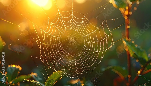 Sparkling Dew Covered Spiderweb in Golden Morning Light Among Green Foliage