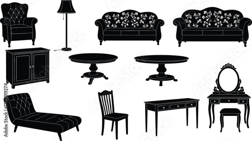 Vintage furniture silhouettes, classic sofa, armchair, table, chair, vanity, cabinet, chaise lounge, home decor, retro interior, antique style illustration