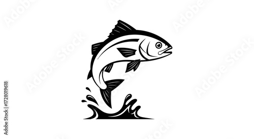 Black and white fish jumping with water splashes flat illustration