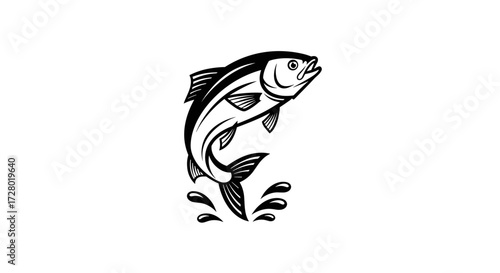 Black and white fish jumping out of water flat illustration