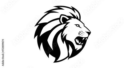 Black and white lion head roaring profile flat illustration