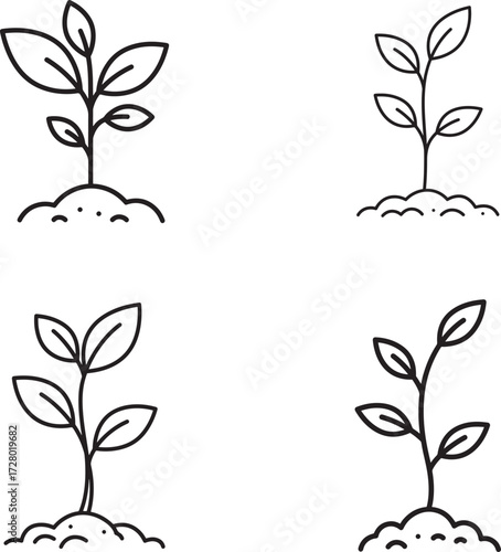 Four hand drawn seedlings growing out of soil in a simple sketch style