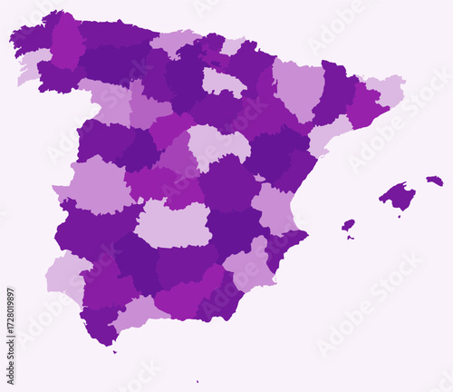 Map of Spain with regions. Just a simple country border map with region division. Purple color palette. Flat Spain shape with administrative division. Vector illustration.
