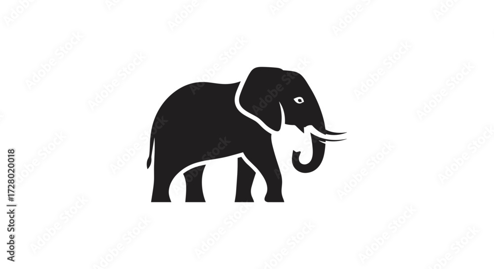 Fototapeta premium Black elephant silhouette standing on white background flat illustration