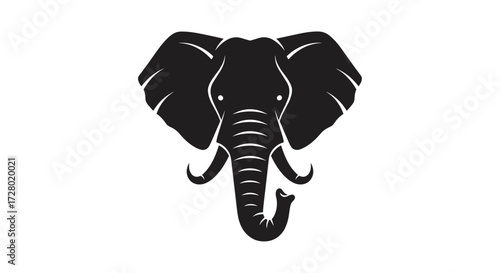 Black elephant head with tusks and trunk flat illustration on white background