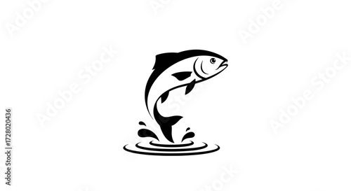 Black silhouette fish jumping from water with ripples flat illustration