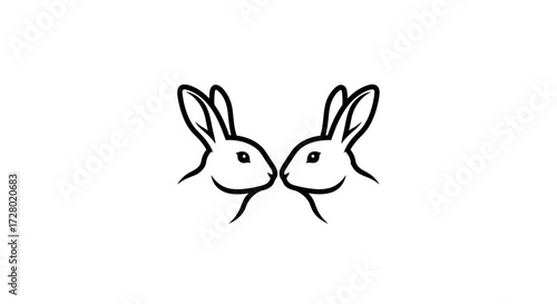 Minimalist black outline of two rabbit heads facing each other flat illustration