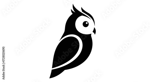 Minimalist black owl icon looking right flat illustration