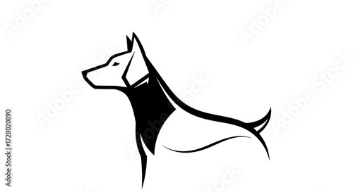 Stylized black and white dog standing profile flat illustration