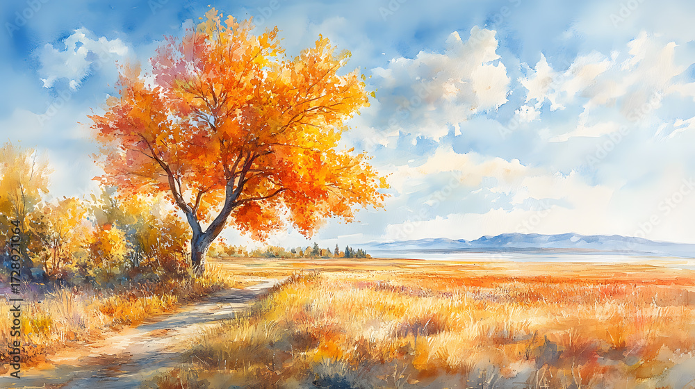 Fototapeta premium A lone tree with bright orange leaves stands in a field with a path leading into the distance under a blue sky with fluffy white clouds
