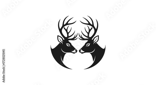 Two black deer heads with antlers facing each other on white background flat illustration