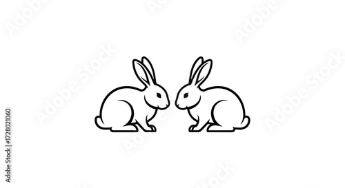 Two black outline rabbits facing each other flat illustration