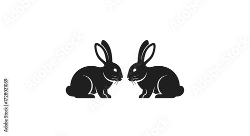Two black rabbit silhouettes facing each other on white flat illustration