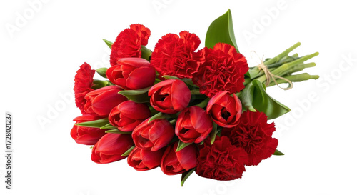 Beautiful bouquet of fresh red tulips and carnation flowers isolated PNG with Transparent Background