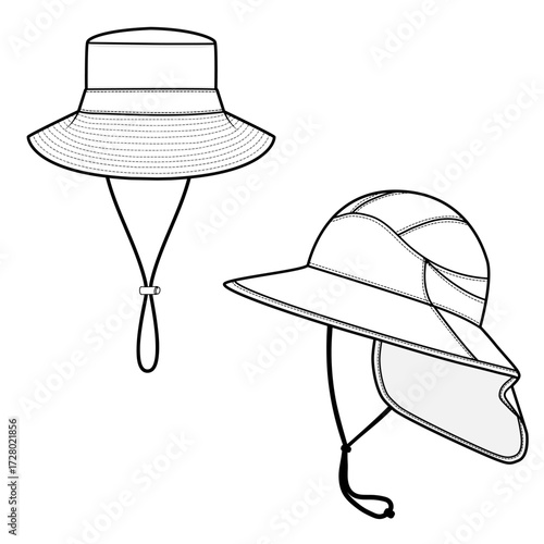 Vector Illustration of Sun Hats and Hiking Hats with Wide Brim and Chin Strap – Outdoor Sun Protection Headwear