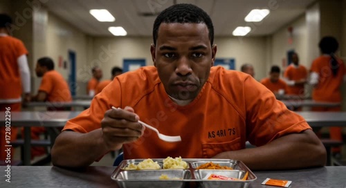 Serious Black Male Inmate Eating Meal in Prison Cafeteria, Looking Directly at Camera