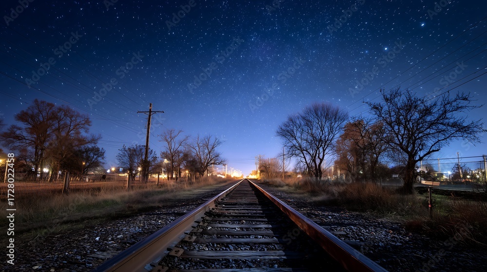 Fototapeta premium Railroad tracks under starry night sky