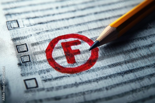 Close-up of a pencil pointing at a red circled F grade on a black and white test or answer sheet with checkboxes
