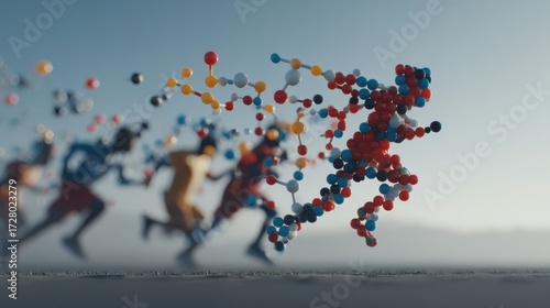 A dynamic 3D molecular structure resembling a running human figure, with blurred runners in the background, symbolizing motion and science.
