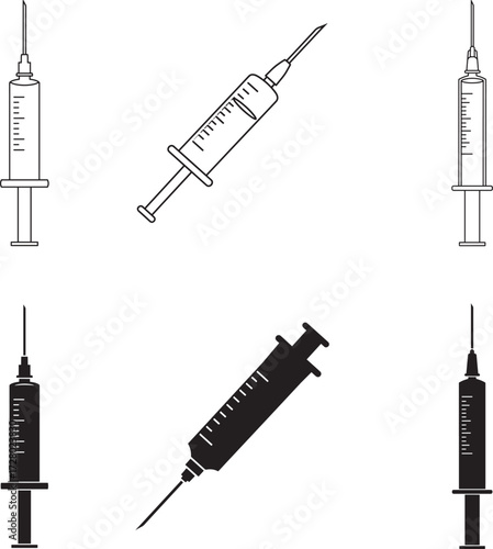 Collection of six hand drawn syringe illustrations in various styles and tones