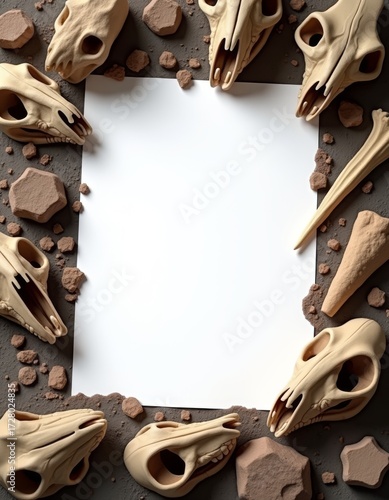 Blank greeting card in frame of dinosaur fossils bones animal skulls on ground White paper sheet on natural flat lay background Halloween invitation mock up Scary birthday party top view template bord