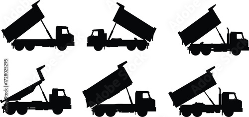 Dump truck silhouette, construction vehicle, heavy machinery, industrial equipment, cargo transporter, earthmoving truck, mining vehicle, black silhouette, 