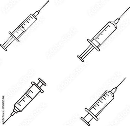 Four hand drawn illustrations of medical syringes on a white background